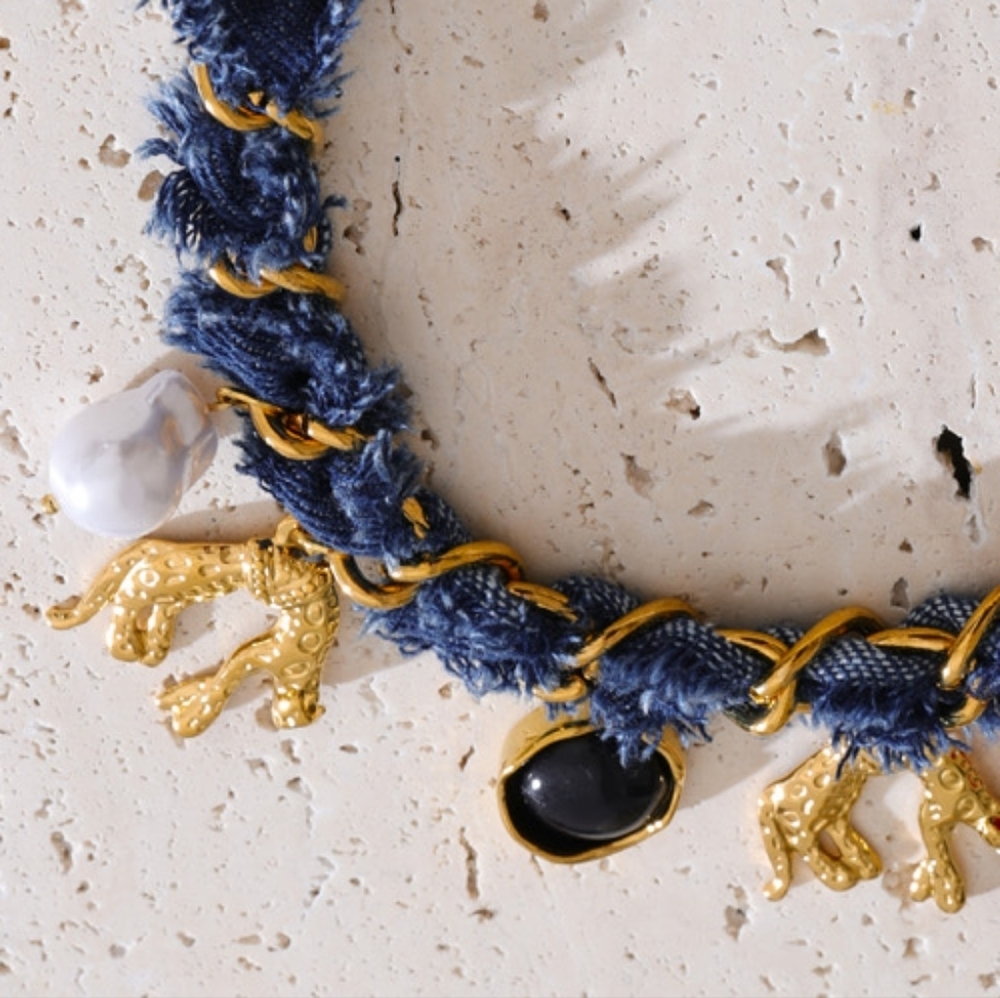 New! Denim Leopard Charm Necklace 18k Gold Plated | NWOT - Picture 5 of 8